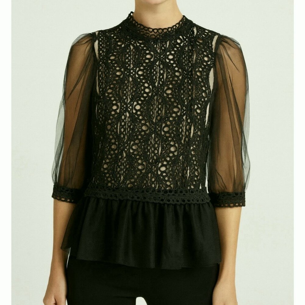 BlaShe Crochet Top Medium Sheer Sleeve Tulle Peplum Dark Victorian Whimsigoth